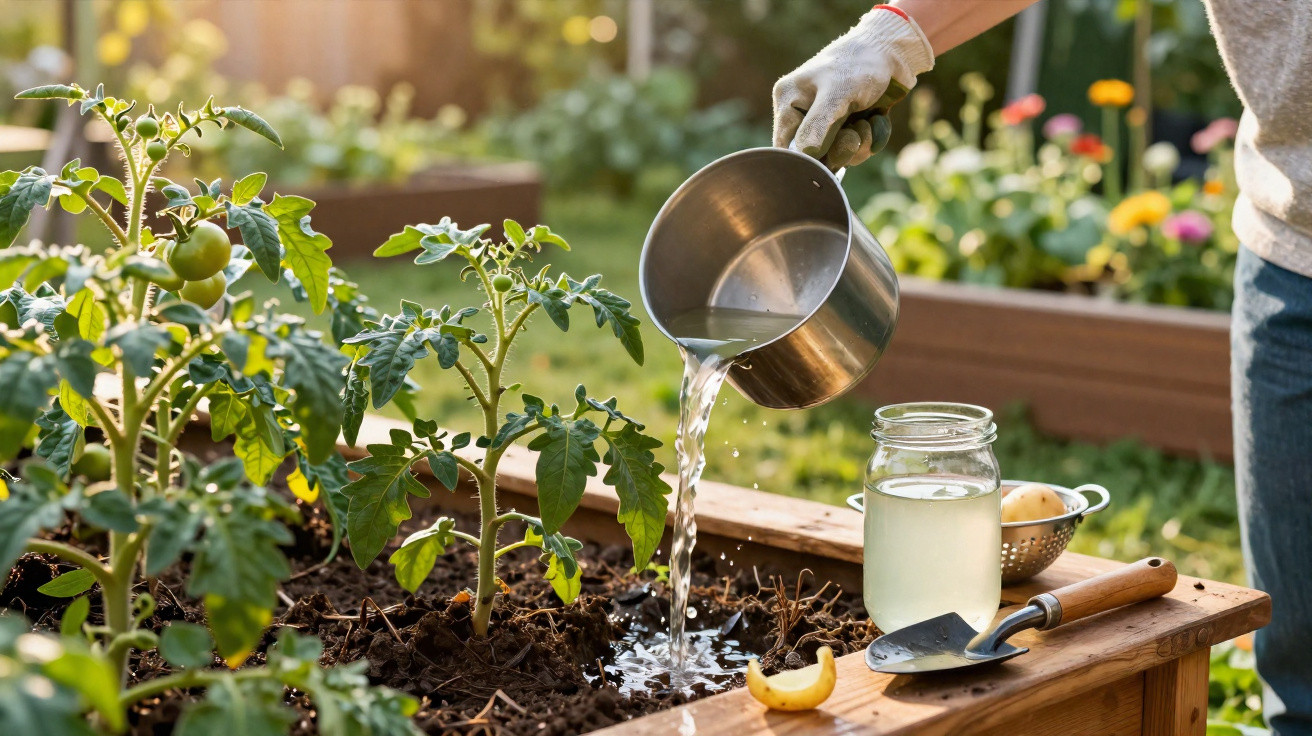 Person gießt Wasser aus Metallkanne auf junge Tomatenpflanzen in Hochbeet im Garten