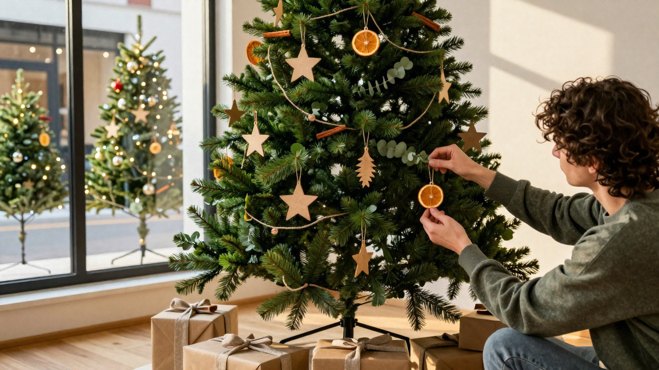 Junge dekoriert Weihnachtsbaum mit orangenscheiben und Sternen, verpackte Geschenke darunter.