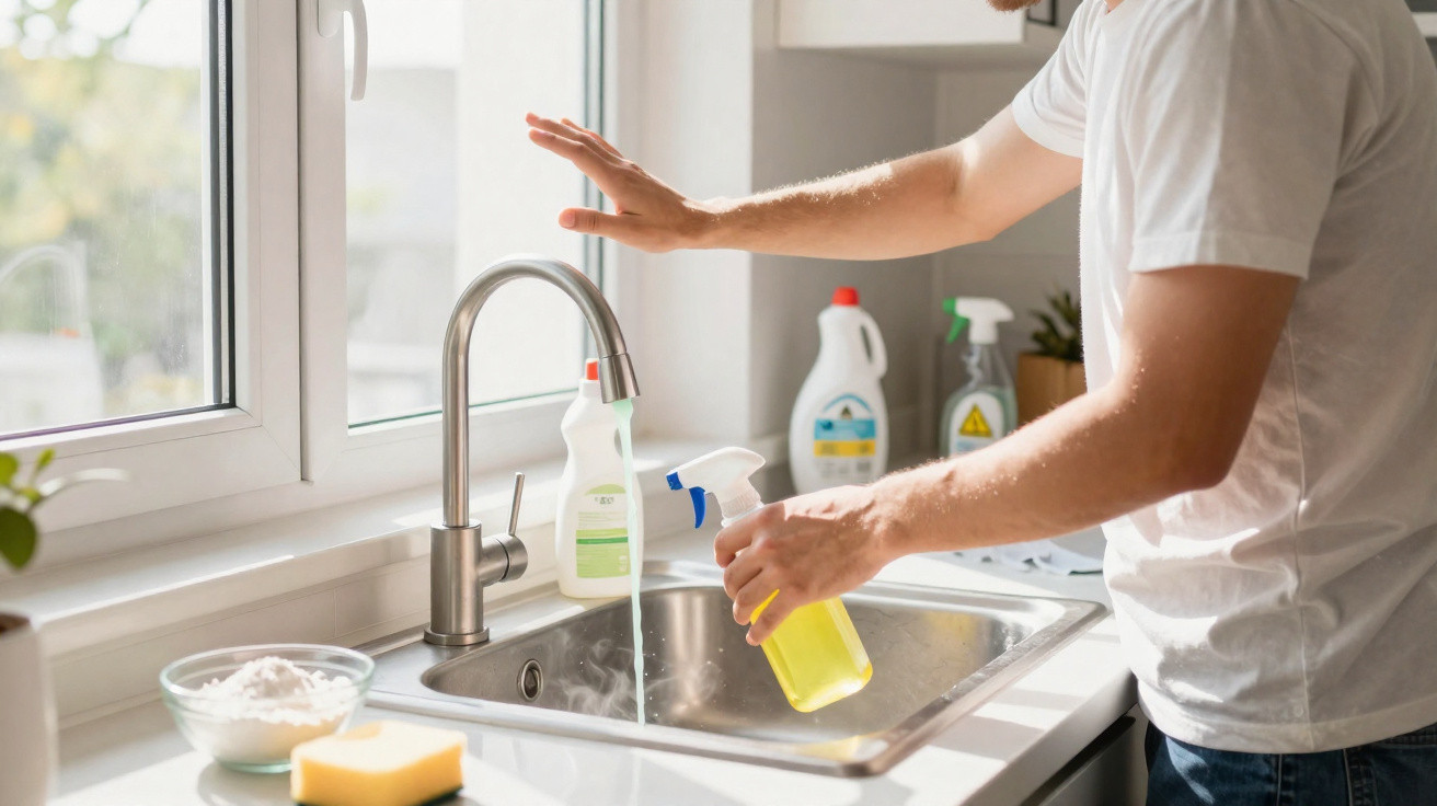 Person betätigt Wasserhahn über der Küchenspüle mit Reinigungsmitteln im Hintergrund.