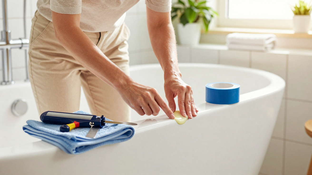 Person repariert Fuge an weißer Badewanne mit Klebeband, Dichtmasse und Werkzeug im hellen Badezimmer