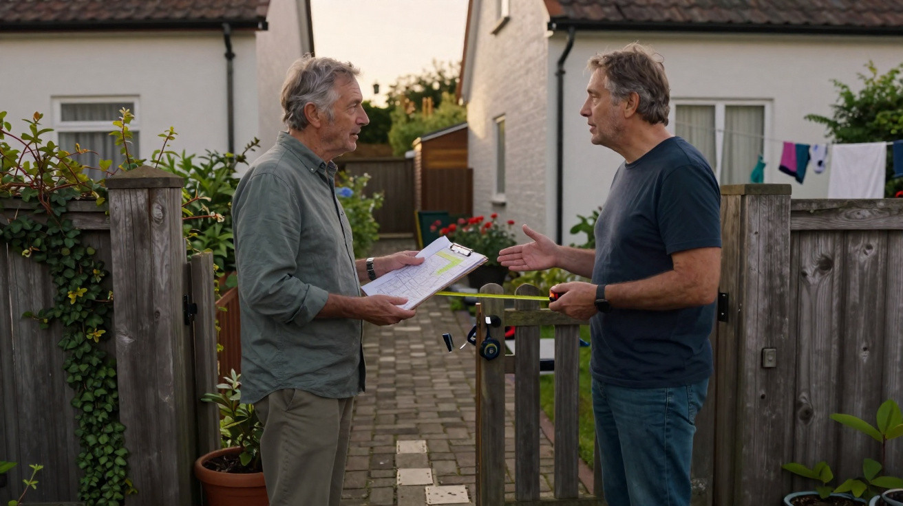 Zwei Männer stehen im Garten vor einem geöffneten Holztor und diskutieren, einer hält ein Klemmbrett.