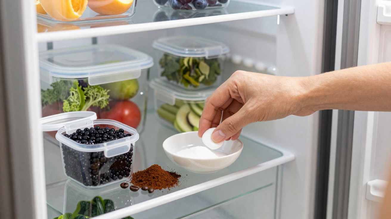 Hand legt Tablette in kleine Schale mit Wasser in Kühlschrank voller Obst und Gemüse.