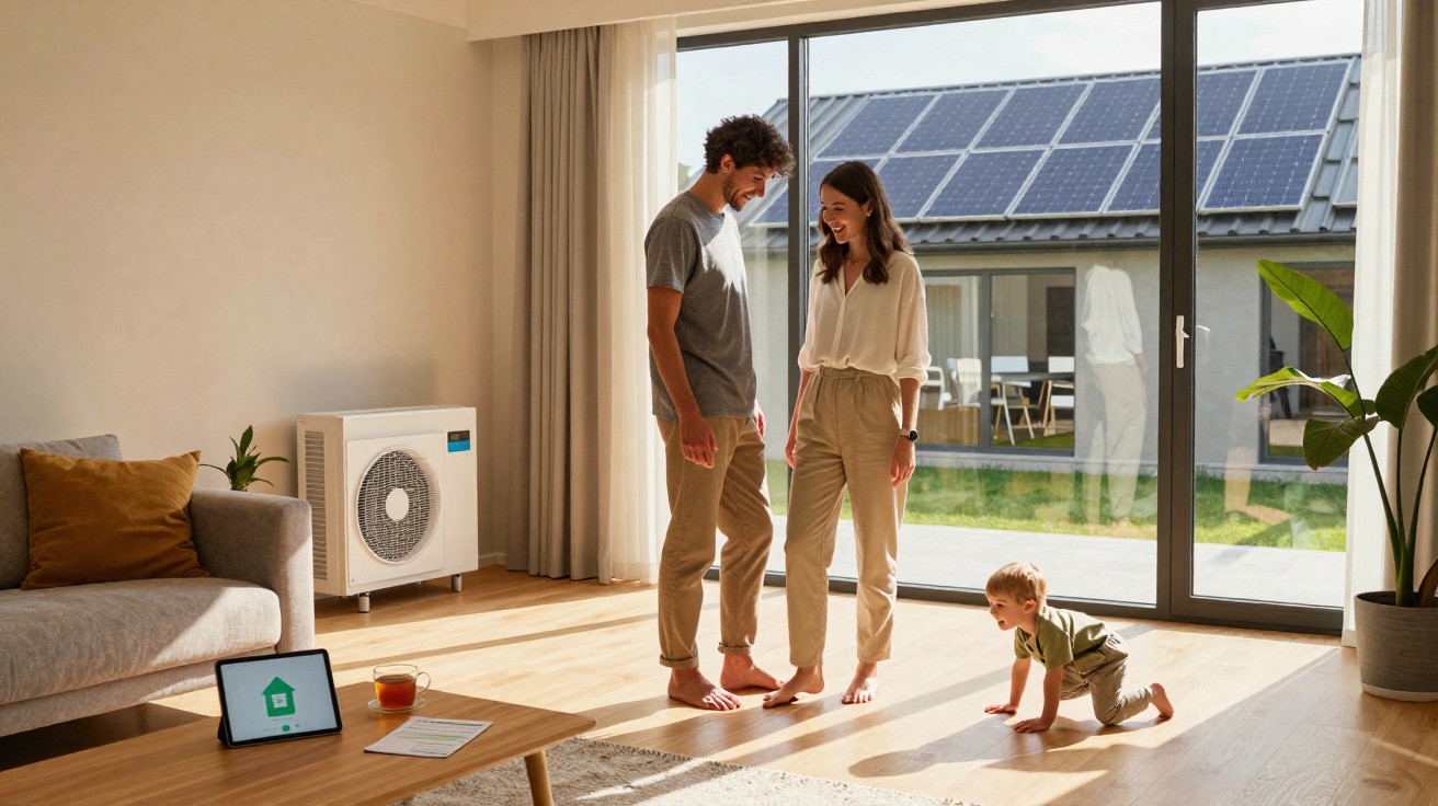Familie mit Kind im Wohnzimmer vor großen Fenstern, draußen Solarpanels auf dem Dach sichtbar.