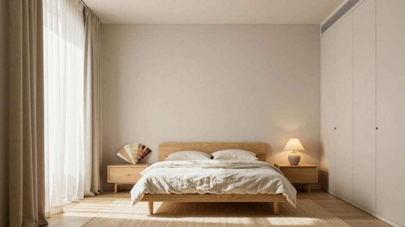 Helles Schlafzimmer mit Doppelbett, zwei Nachttischen, Lampe und beigem Teppich vor großem Fenster mit Vorhängen.