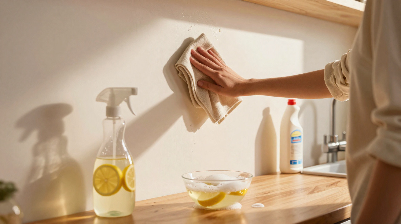 Hand wischt mit Tuch eine Küchenwand ab, Reinigungsmittel und Zitronen auf Holztisch sichtbar.