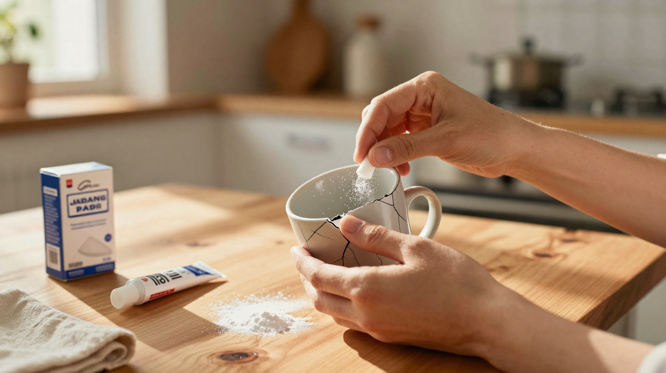Person füllt weißen Reparaturkleber in zerbrochene Tasse auf einem Holztisch in heller Küche.