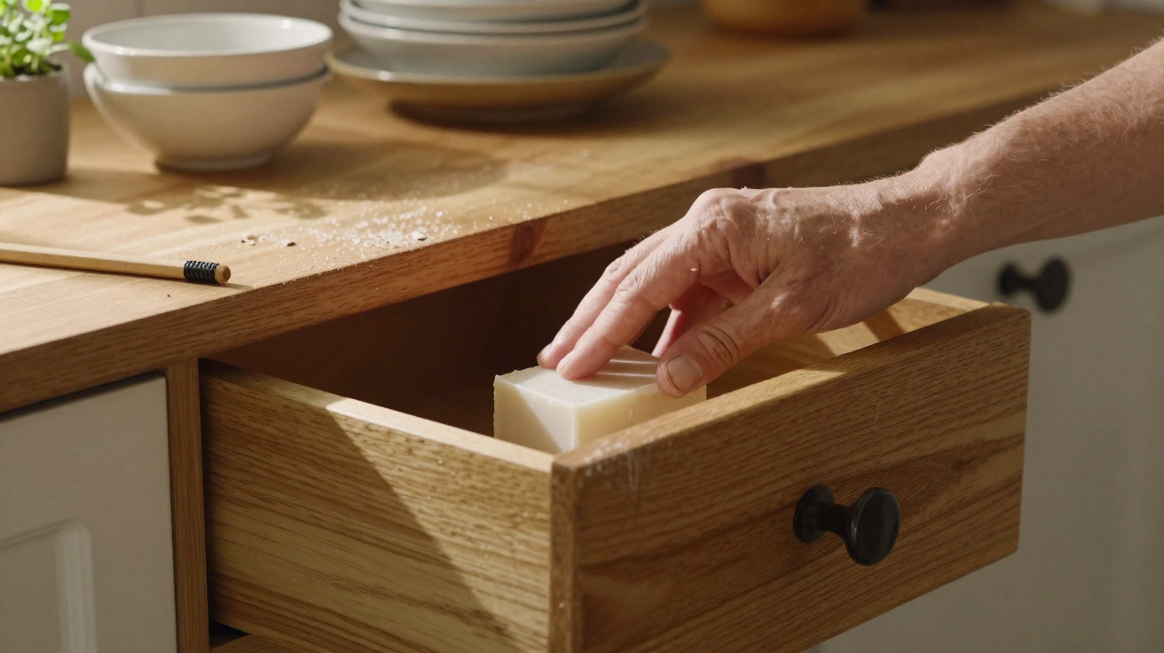 Hand legt Seifenstück in eine geöffnete Holzschublade unter einer Küchenarbeitsplatte.