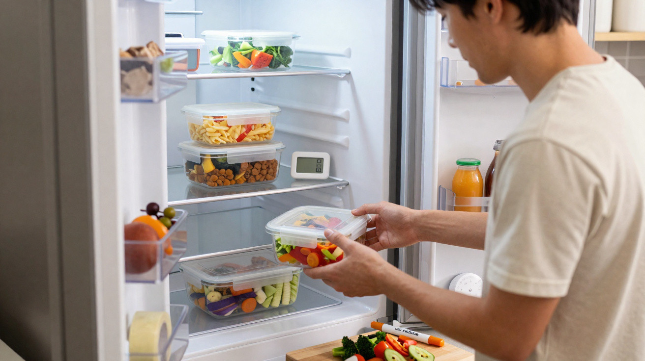 Mann legt frisches, geschnittenes Gemüse in Vorratsdosen in einen offenen Kühlschrank mit Obst, Saft und Snacks.