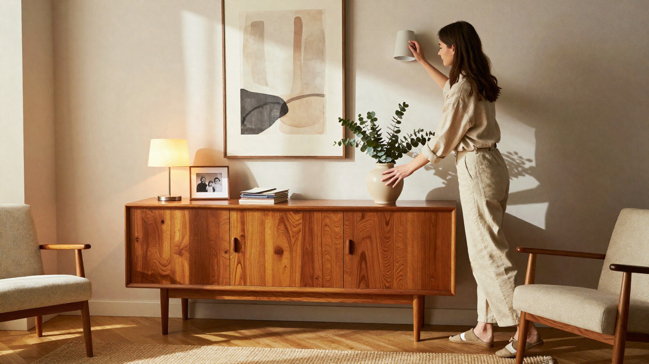 Frau arrangiert Vase mit grünen Zweigen auf mid-century Sideboard in hell eingerichteten Wohnzimmer.