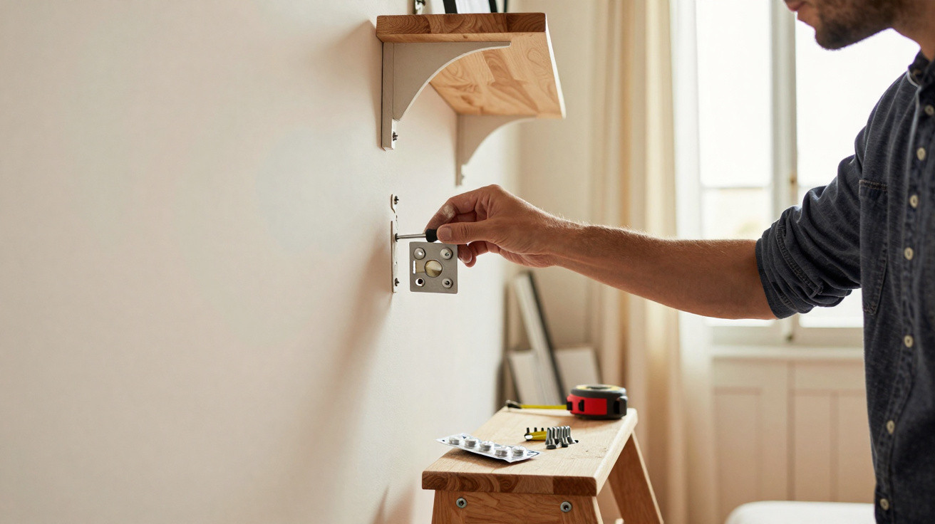 Handwerker montiert Wandhalterung an weißer Wand in hellem Raum mit Holzleiter und Werkzeug.