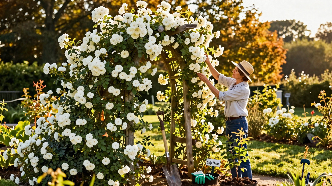 Frau mit Strohhut pflegt blühende weiße Rosen an einem Rosenbogen im Garten bei sonnigem Wetter.
