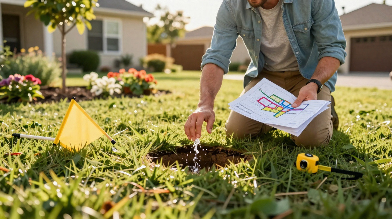 Mann kniet im Garten, hält Baupläne und streut Substanz in ein Loch im Boden.
