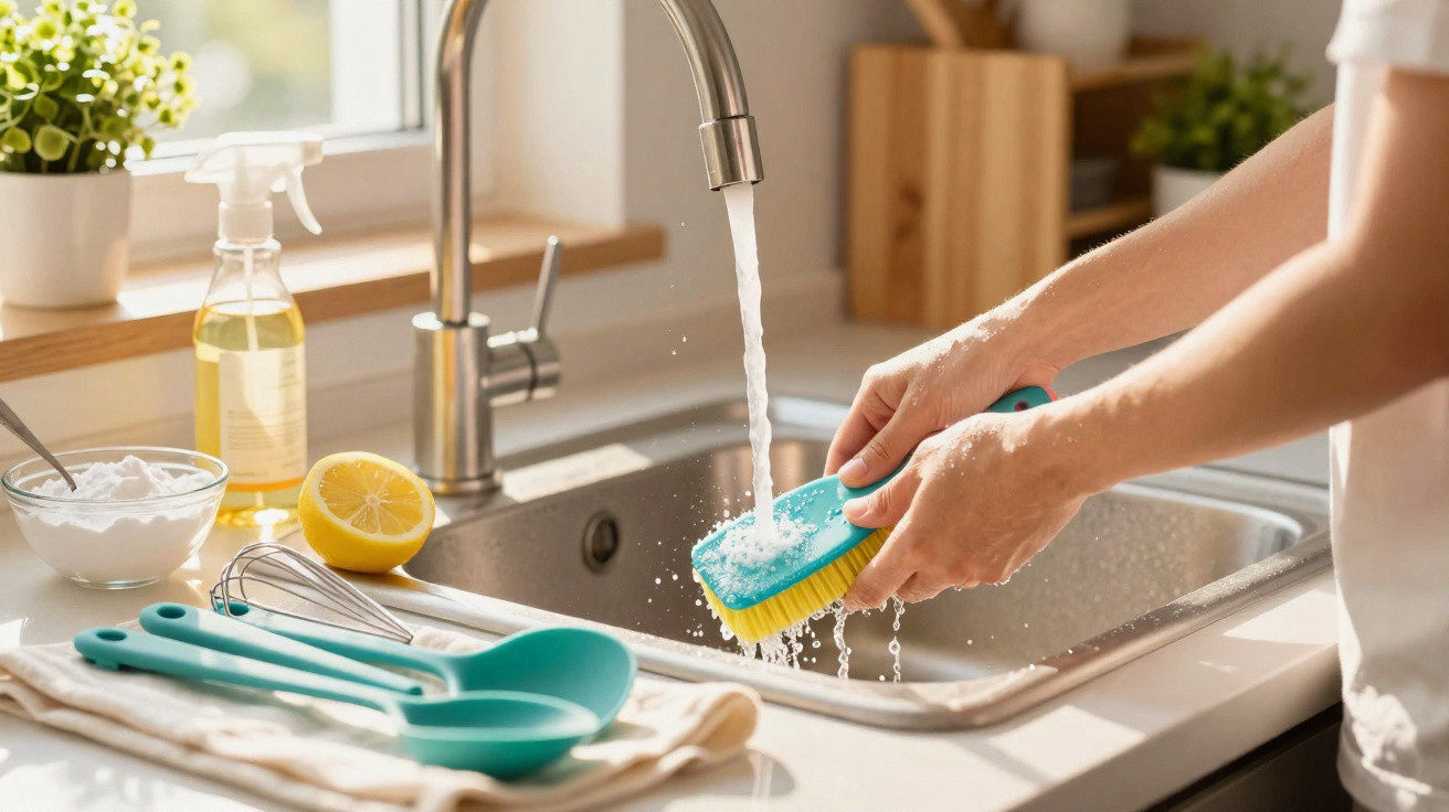 Person reinigt Schwamm unter laufendem Wasserhahn in heller Küche mit Küchenutensilien am Fensterbrett.
