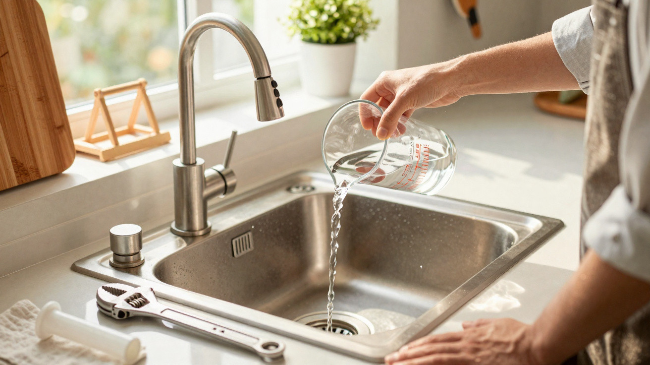 Person gießt Wasser aus einem Messbecher in eine Spüle aus Edelstahl in einer hellen Küche.