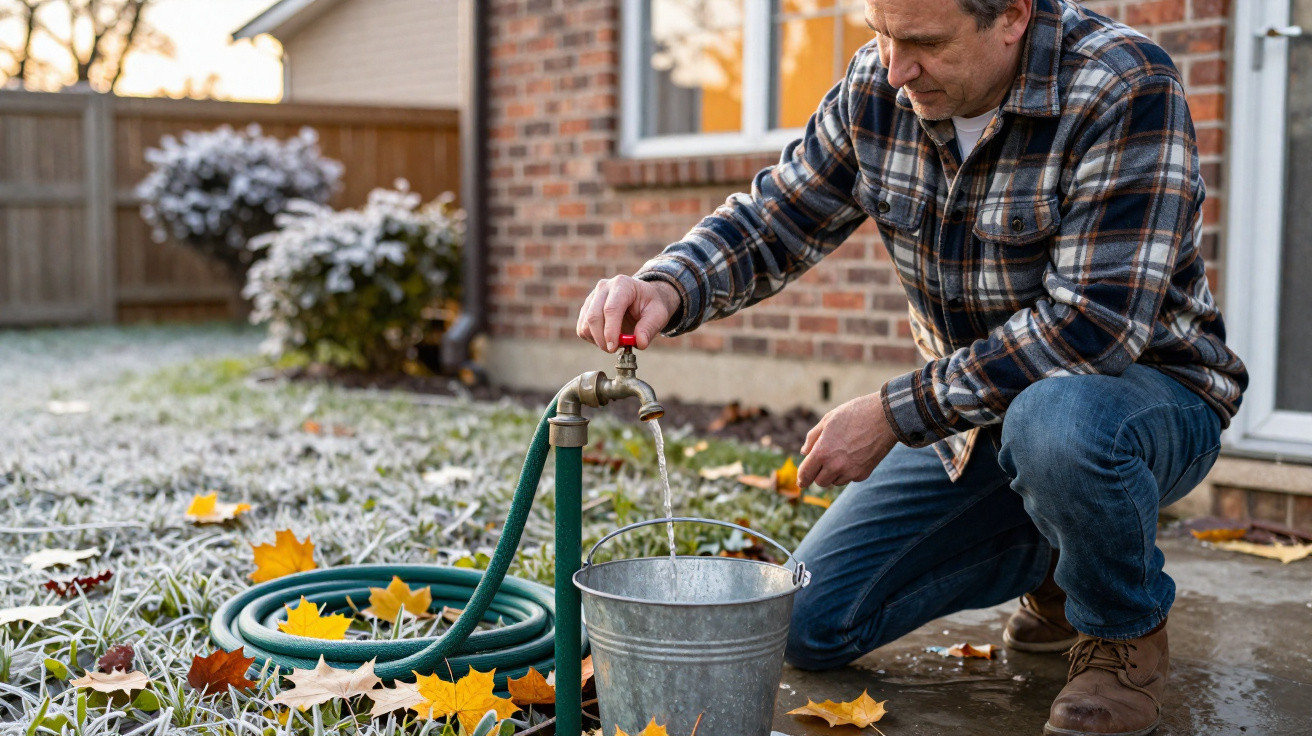 Mann füllt im Garten an frostigem Herbstmorgen Eimer mit Wasser von Außenhahn, umgeben von Laub und Reif.