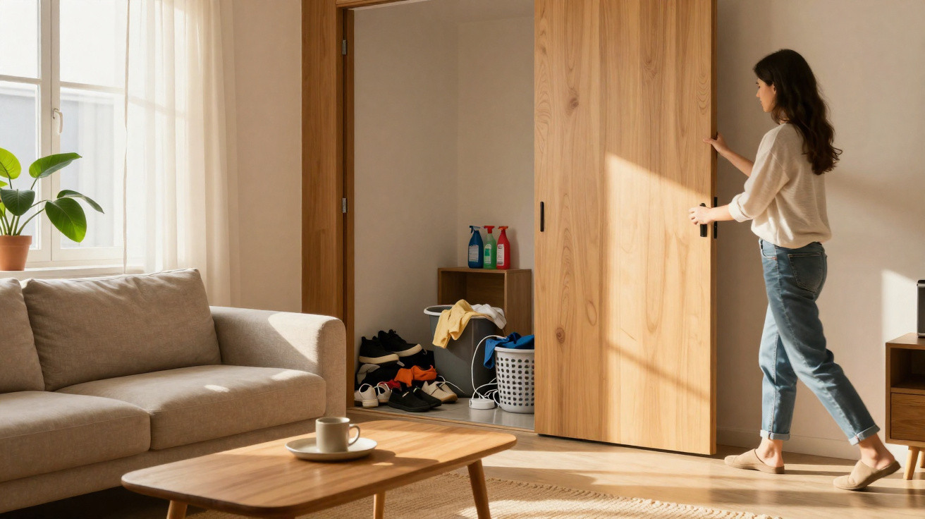 Frau öffnet Schiebetür zu einem Schrank mit Reinigungsmitteln, Schuhen und Wäschekorb im hellen Wohnzimmer.