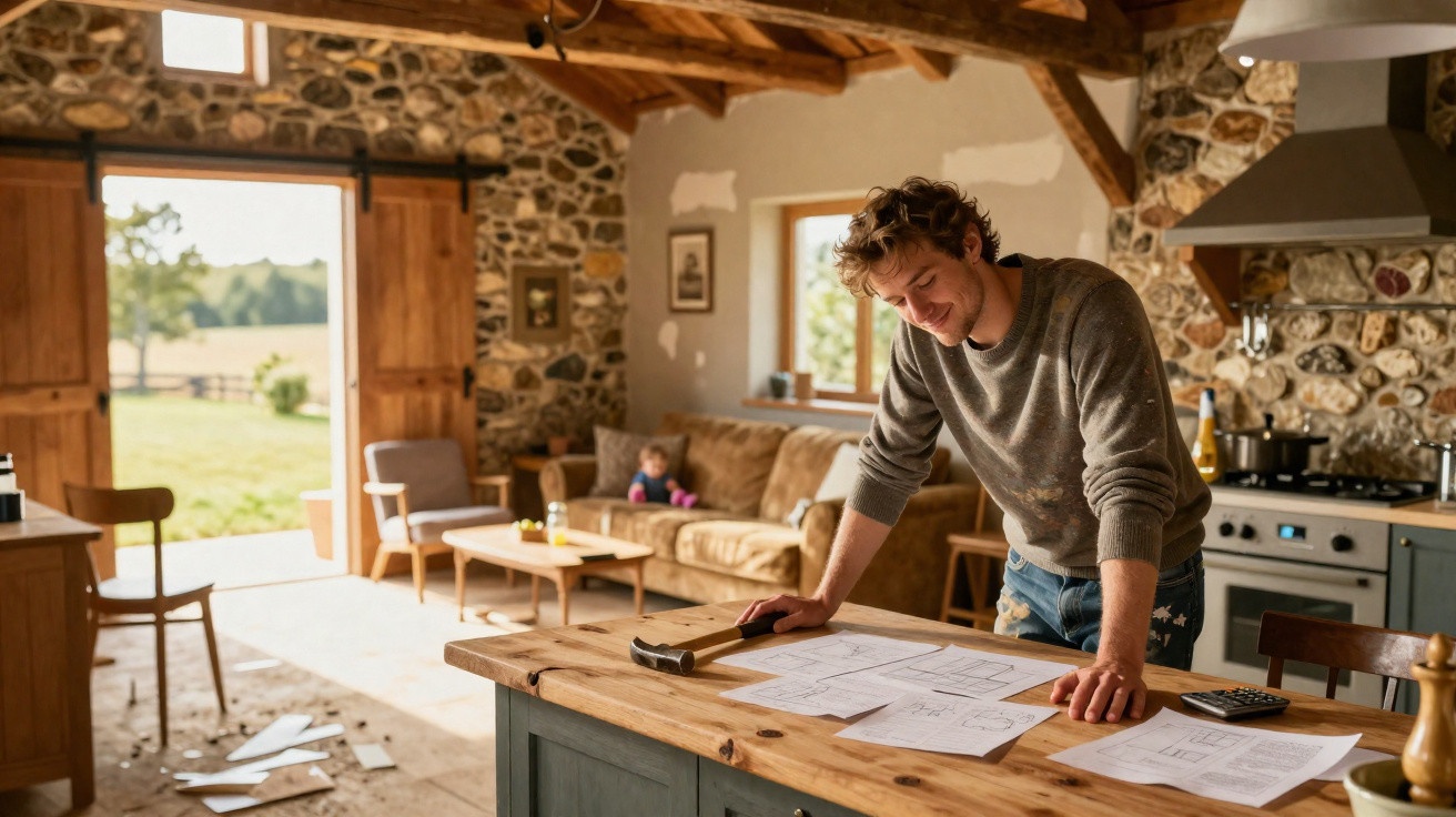 Junger Mann betrachtet Baupläne auf einer Kücheninsel in rustikalem Haus mit Steinwänden und Holzbalken.