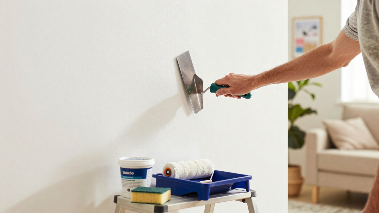 Hand streicht mit Spachtel über weiße Wand, Malerutensilien auf Leiter im Vordergrund.