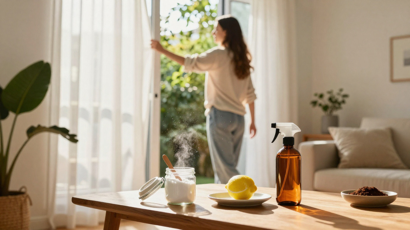 Frau öffnet Fenster in hellem Wohnzimmer, auf Tisch natürliche Reinigungsmittel wie Zitrone, Sprühflasche und Backpulver.