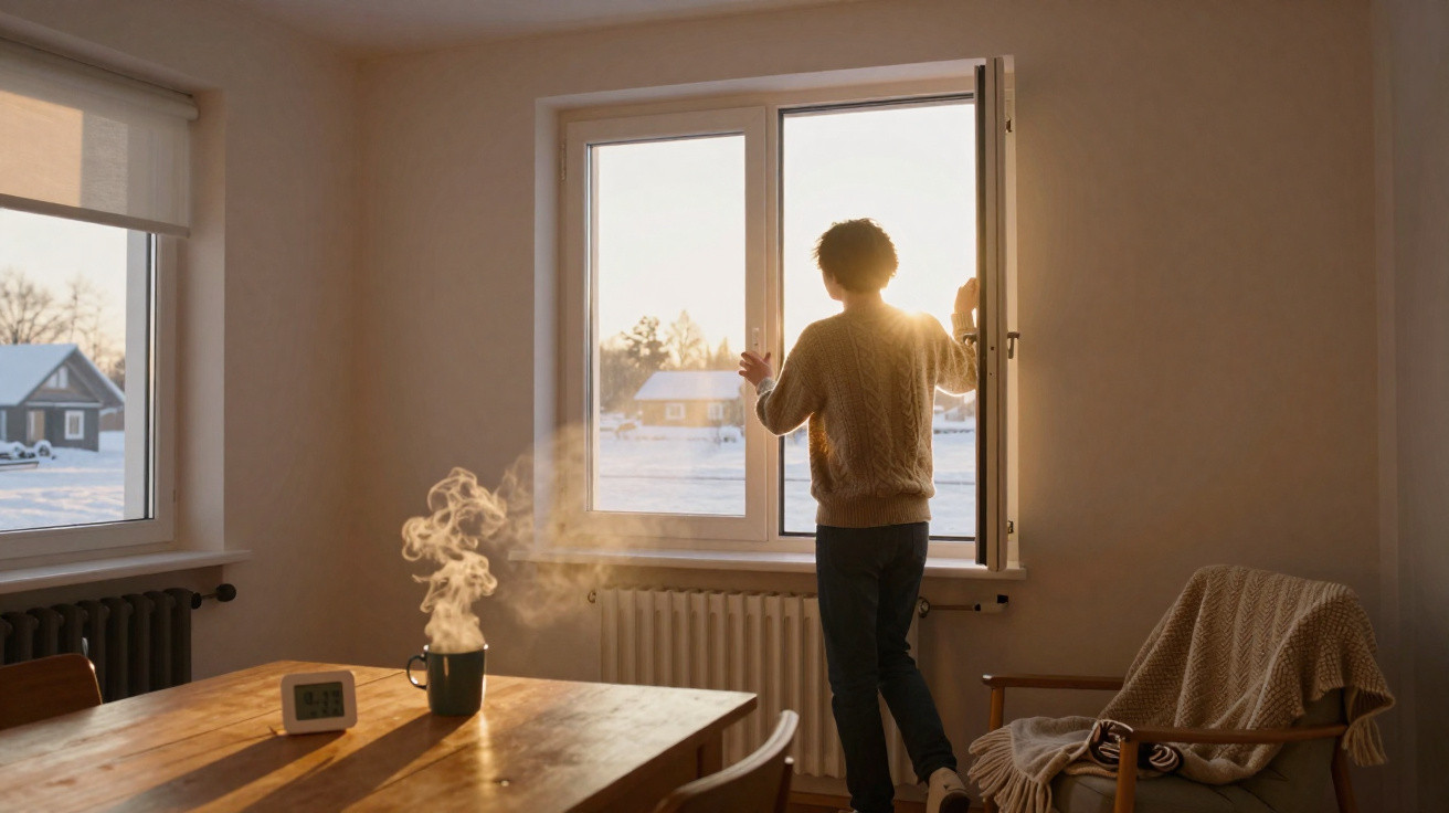 Person öffnet Fenster in warm beleuchtetem Zimmer mit dampfendem Getränk auf Holztisch und winterlicher Landschaft draußen.