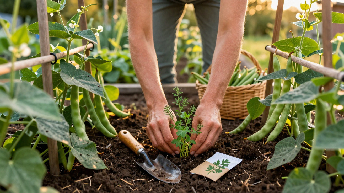 Hände pflanzen Setzling in Beet mit grünen Bohnenpflanzen im Garten bei Sonnenuntergang.
