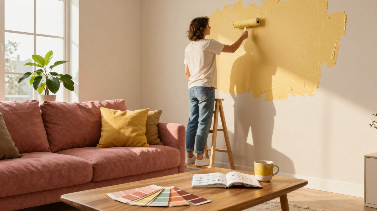 Person streicht mit Farbrolle gelbe Farbe an Wand in hellem Wohnzimmer mit Sofa und Farbmusterfächern.