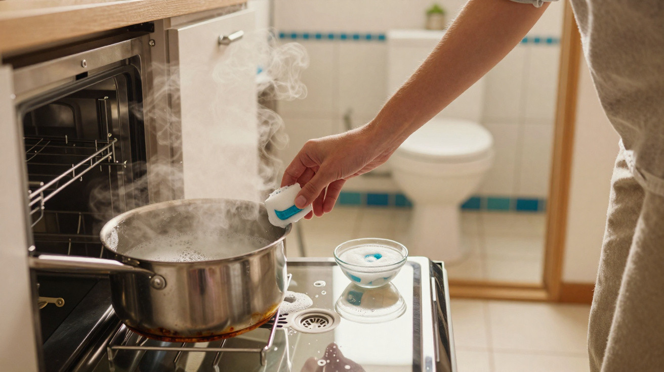 Person gibt einen Tabs in einen dampfenden Topf auf dem Herd in einer Küche mit offenem Backofen.