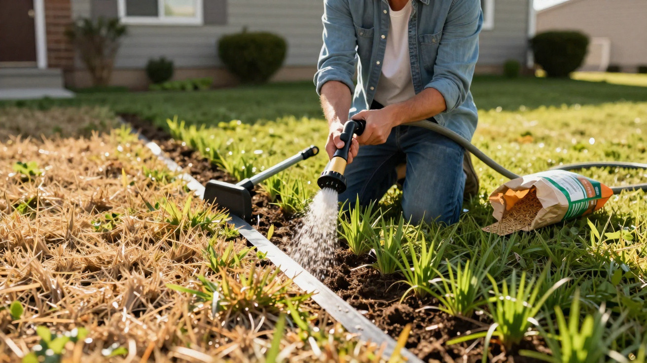 Person gießt Pflanzen im Garten mit Gartenschlauch und bewässert frisch gepflanzte Setzlinge.
