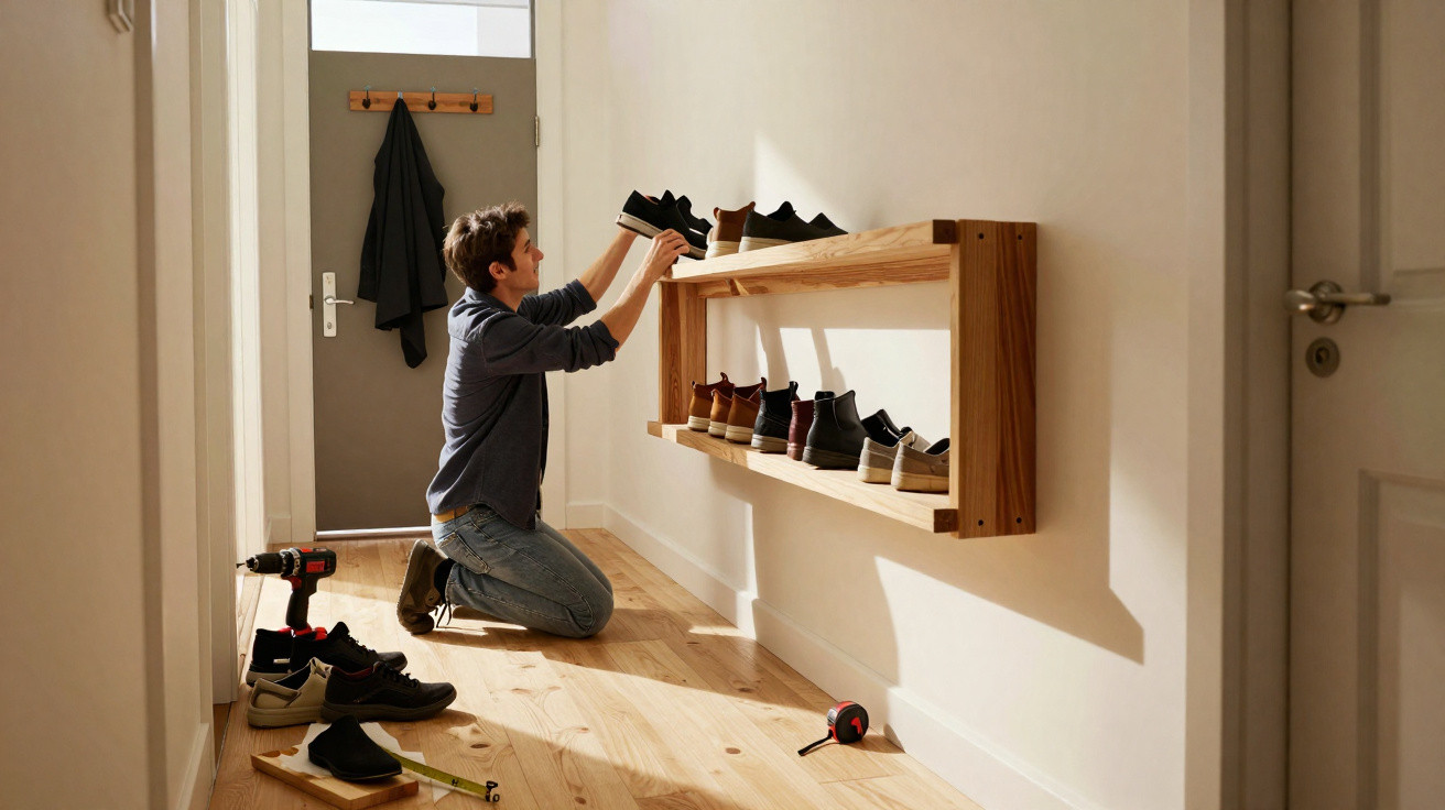 Mann kniet im Flur und stellt Schuhe in ein wandmontiertes Schuhregal aus Holz.