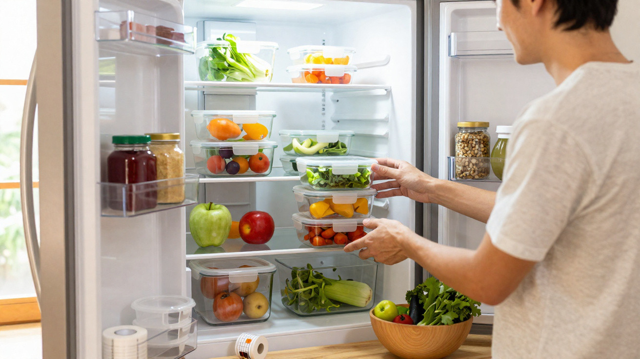 Person räumt frisches Obst und Gemüse in Plastikbehälter und stellt sie in den Kühlschrank.