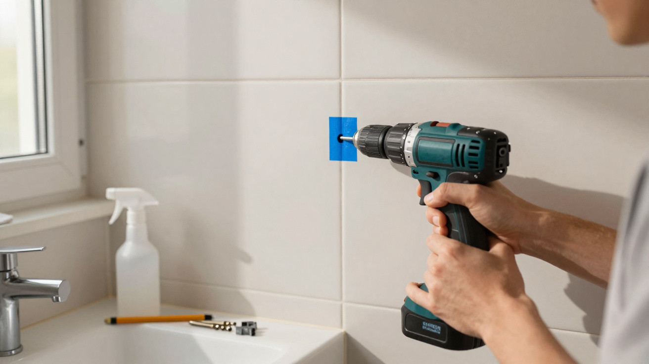 Person bohrt mit Akku-Bohrmaschine in geflieste Badezimmerwand neben Waschbecken mit Sprühflasche.
