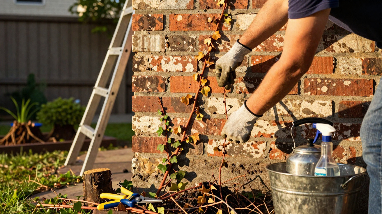 Person mit Gartenhandschuhen schneidet Efeuranken an einer moosbewachsenen Ziegelwand im Garten.