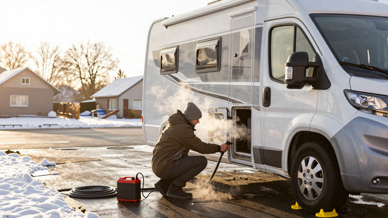 Mann in Winterkleidung füllt Wohnmobil an einem kalten sonnigen Tag mit Wasser auf, Schnee liegt am Rand.