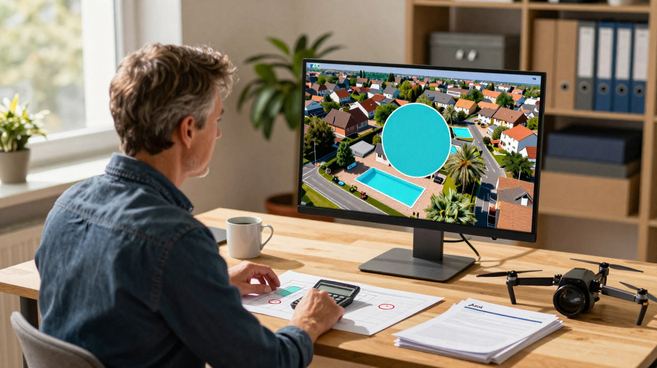 Mann arbeitet am Schreibtisch mit 3D-Stadtmodell auf Monitor und Drohne neben ihm.