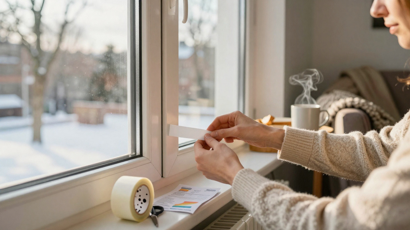 Person klebt Zugluft-Streifen an ein Fenster, im Hintergrund dampft eine Tasse auf einem Tisch.
