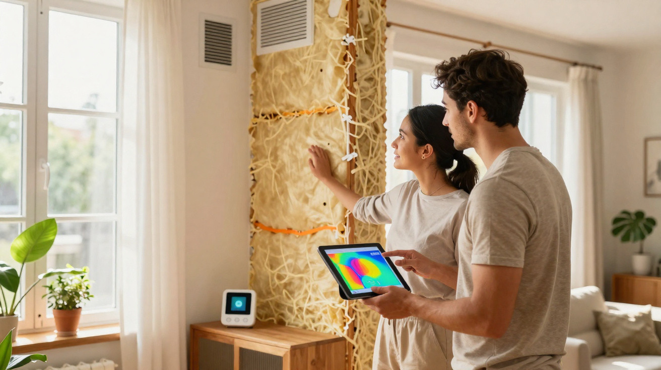 Junges Paar analysiert mit Tablet und Wärmebildkamera die Hausisolierung im Wohnzimmer.