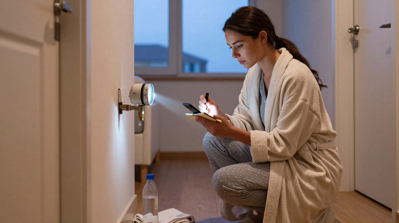 Frau im Bademantel prüft nachts den Wasserzähler mit Taschenlampe und notiert Werte in einem Notizbuch.