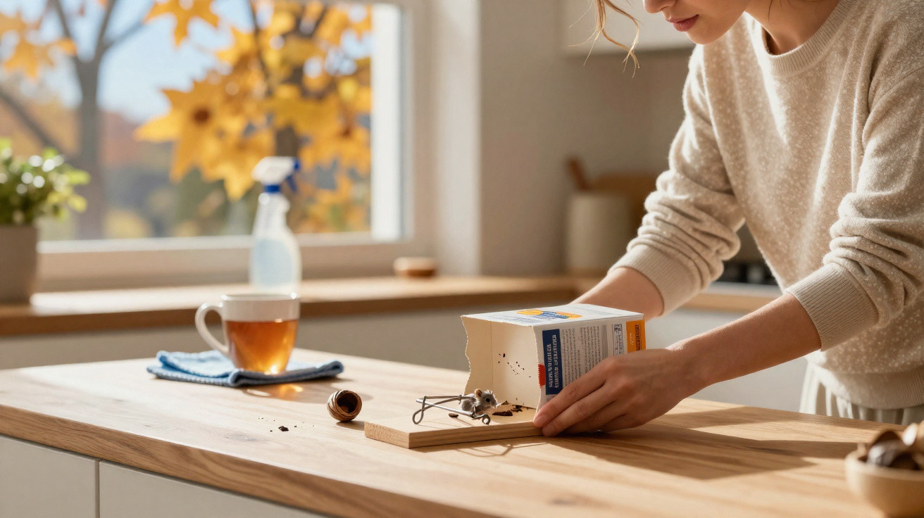 Frau stellt Lebkuchengewürz auf eine Holzscheibe in der Küche, Herbstlaub draußen am Fenster sichtbar.