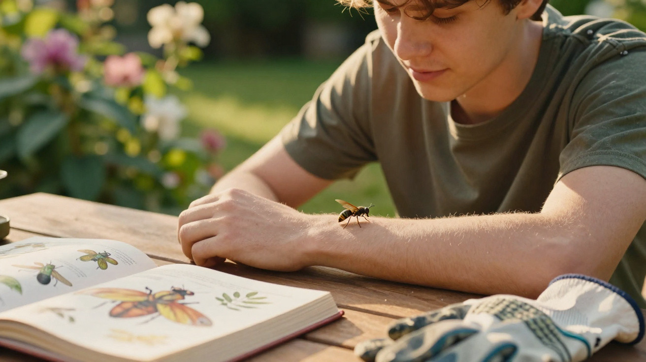 Junger Mann beobachtet eine Wespe auf seinem Arm, sitzend an einem Tisch mit geöffnetem Buch über Insekten.