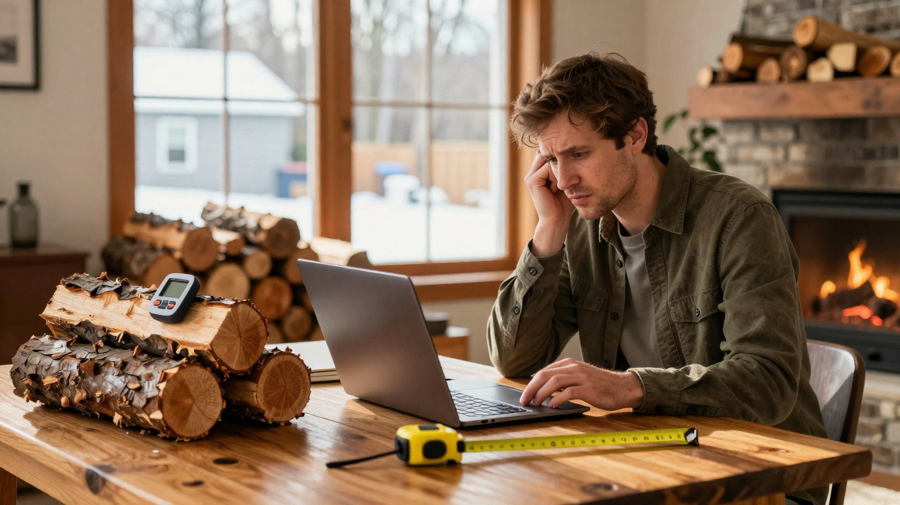 Mann arbeitet am Laptop im Wohnzimmer mit Holzstapeln und Maßband auf Holztisch vor Kaminfeuer.