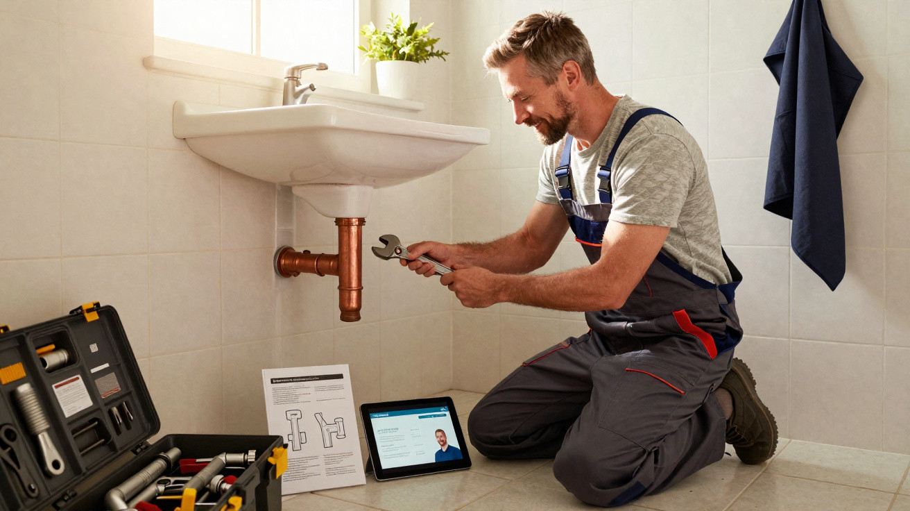 Klempner repariert Waschbeckenrohr in Badezimmer mit geöffnetem Werkzeugkasten und Tablet zur Anleitung.
