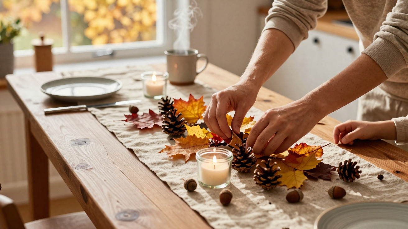 Herbstliche Tischdekoration mit bunten Blättern, Tannenzapfen, Kerzen und Händen beim Arrangieren auf Holztisch.