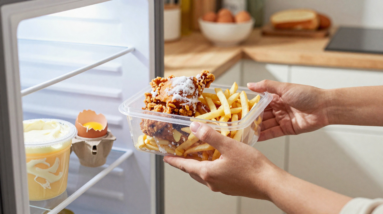 Person stellt eine Plastikbox mit Pommes und frittiertem Hühnchen in einen Kühlschrank.
