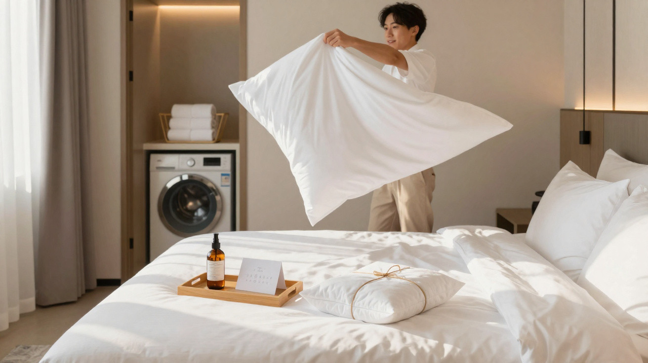 Junger Mann macht ein Bett mit weißer Bettwäsche in hellem Schlafzimmer mit Waschmaschine.