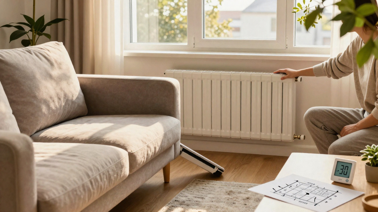 Person sitzt auf einem Stuhl neben einem Heizkörper, in einem hellen Wohnzimmer mit Sofa und Thermostat am Tisch.