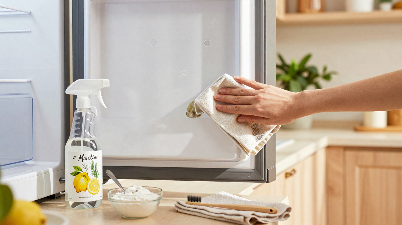 Hand wischt mit Tuch feuchte Kühlschranktür, Reinigungsspray, Zahnbrüste und Schüssel auf Küchenarbeitsplatte sichtbar.