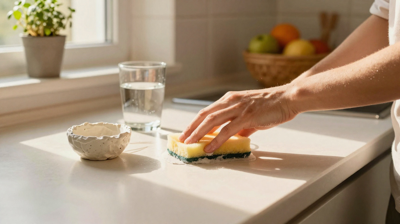 Hand reinigt mit Schwamm eine helle Küchenarbeitsplatte in Sonnenlicht, Schale und Glas im Hintergrund.