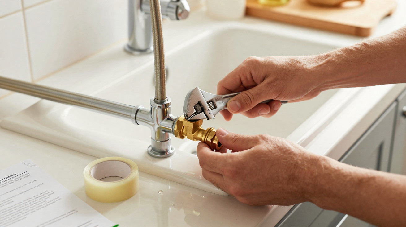 Mann repariert Wasserrohr unter Küchenspüle mit Schraubenschlüssel und Dichtungsband auf Arbeitsplatte.