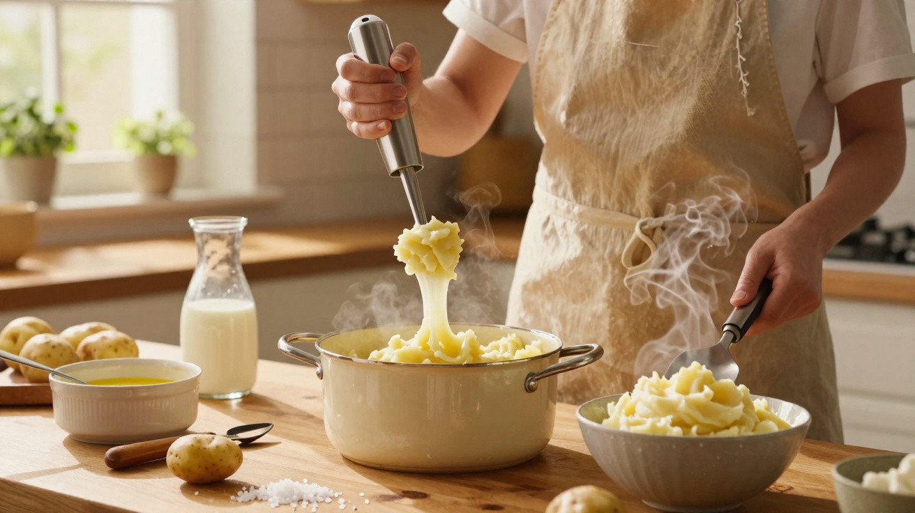 Person bereitet dampfendes Kartoffelpüree in einer hellen Küche zu.