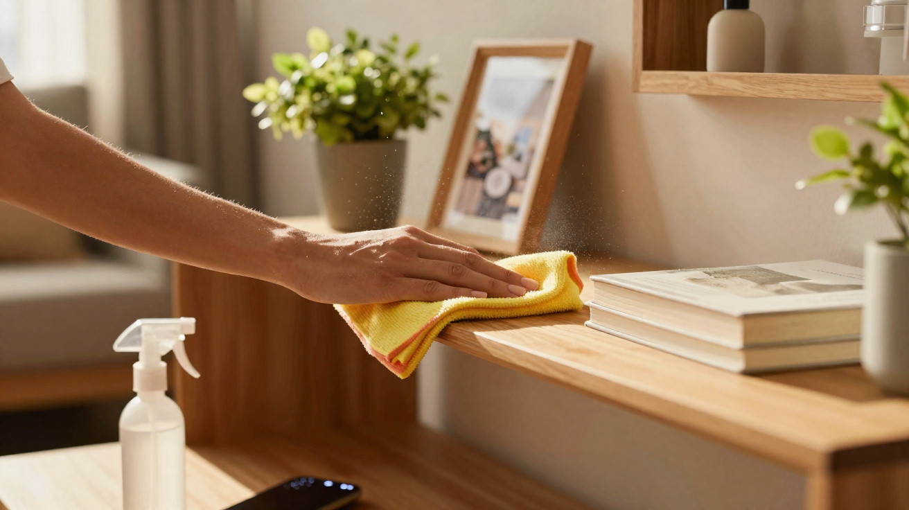 Hand wischt mit gelbem Tuch Staub von einem Holzregal in einem Wohnzimmer mit Pflanzen und Büchern.